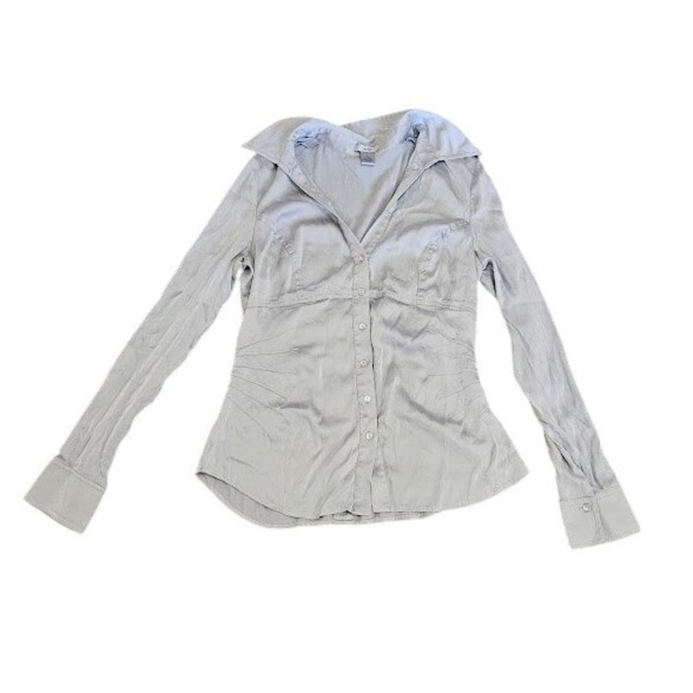 Cache Silk Blouse Women Large Light Gray Long Sleeve Button Up Classic Office